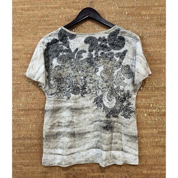 Christopher & Banks Medium Blouse Green Beige Floral Rhinestone Embellished - Picture 2 of 8